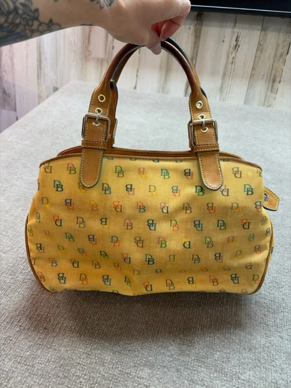 Dooney & Bourke Multicolor DB Monogram Satchel Yellow Leather Trim Bag